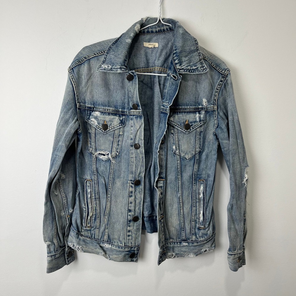 ABLE Denim Jacket Womens Small Distressed Light Wash Cotton Lyocell Jean Coat